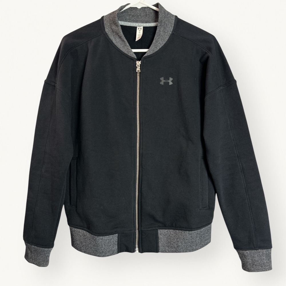 Under Armour Threadborne Bomber Sweatshirt Jacket Black Gray Full Zip  Womens S